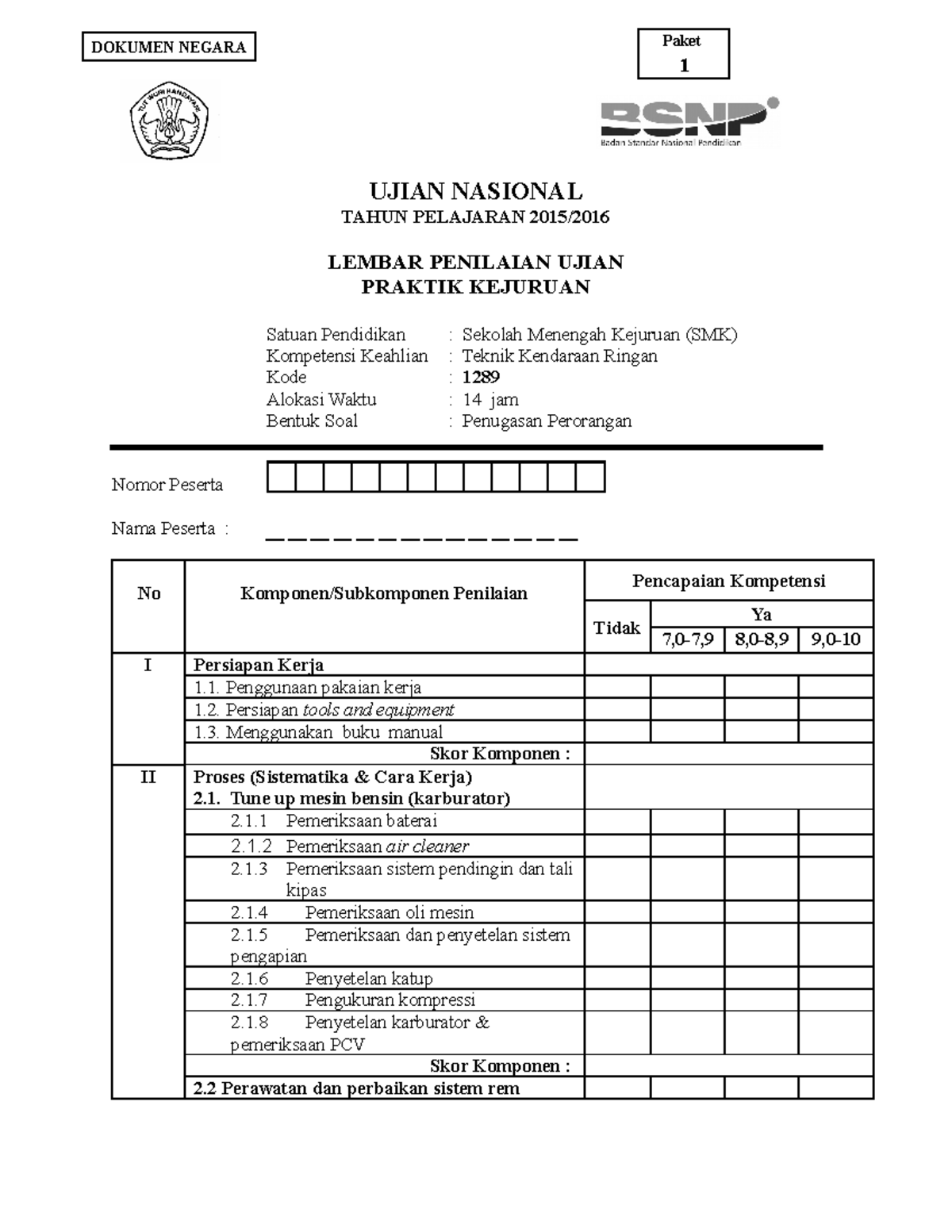 Lembar Penilaian Ukk 2016 - Ujian Nasional Tahun Pelajaran 2015  Lembar 