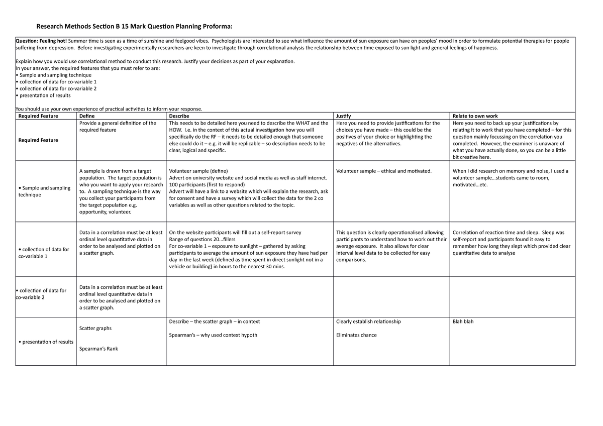 Planning Grid correlations answer - Research Methods Section B 15 Mark ...