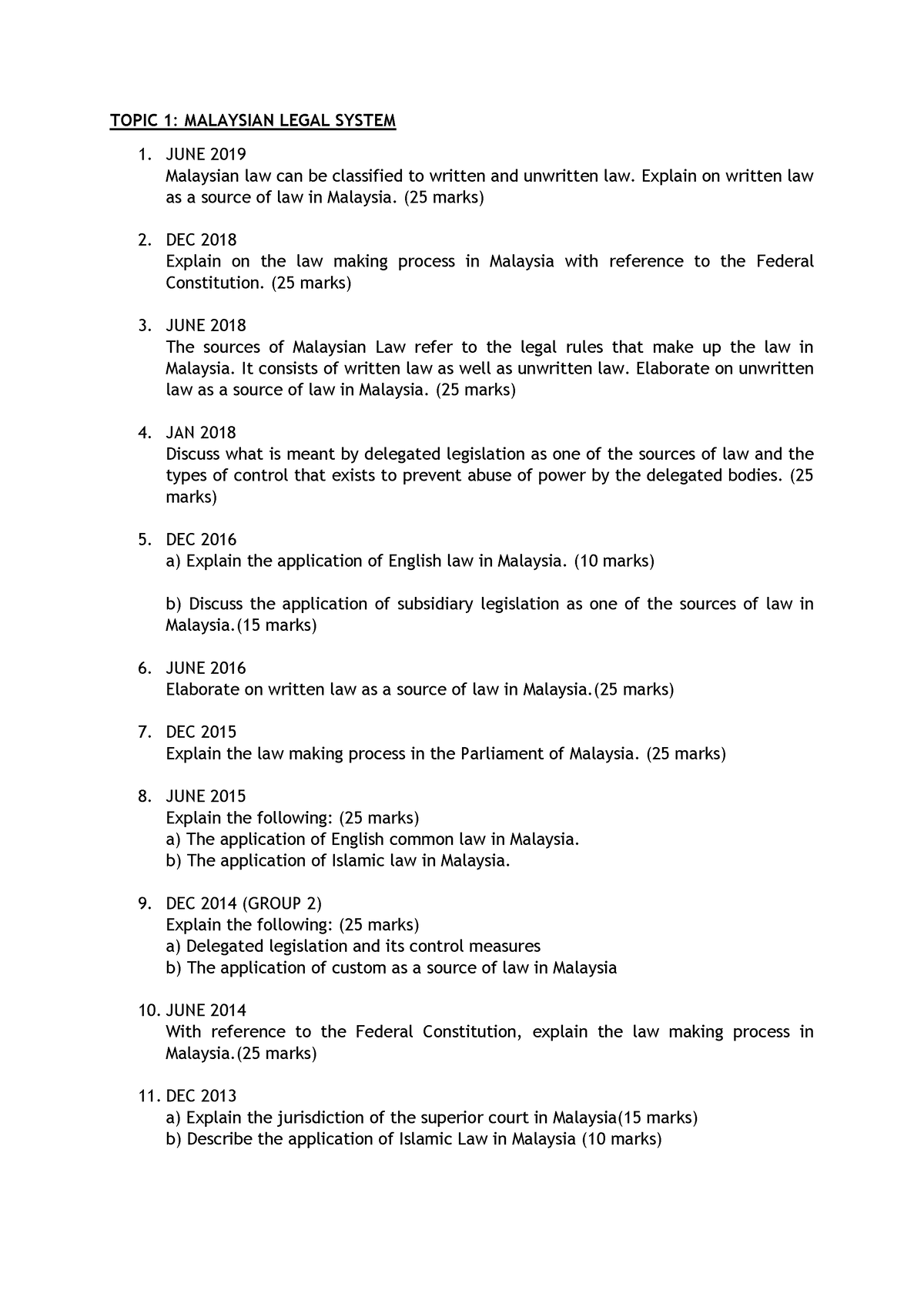 LAW- Tutorial Question - TOPIC 1: MALAYSIAN LEGAL SYSTEM 1. JUNE 2019 ...