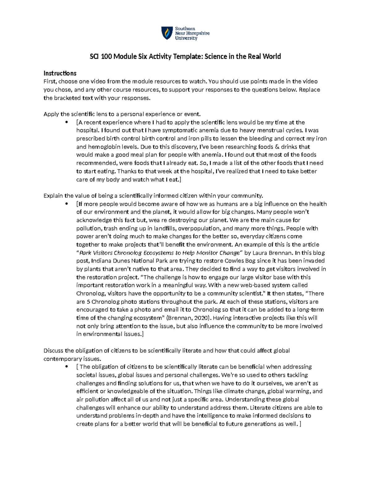 SCI 100 Module Six Activity Template - You should use points made in ...