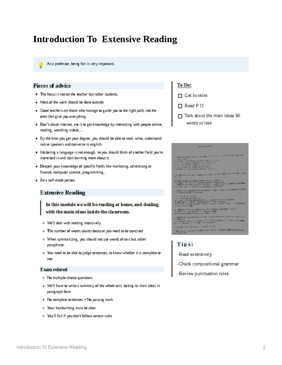 Introduction To Extensive Reading - Pieces of advice The focus is not ...