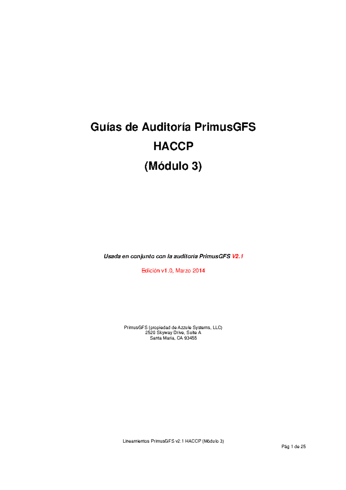 Guia Auditoria Haccp Lineamientos Primusgfs V2 Haccp Módulo 3 Guías De Auditoría Primusgfs 6580