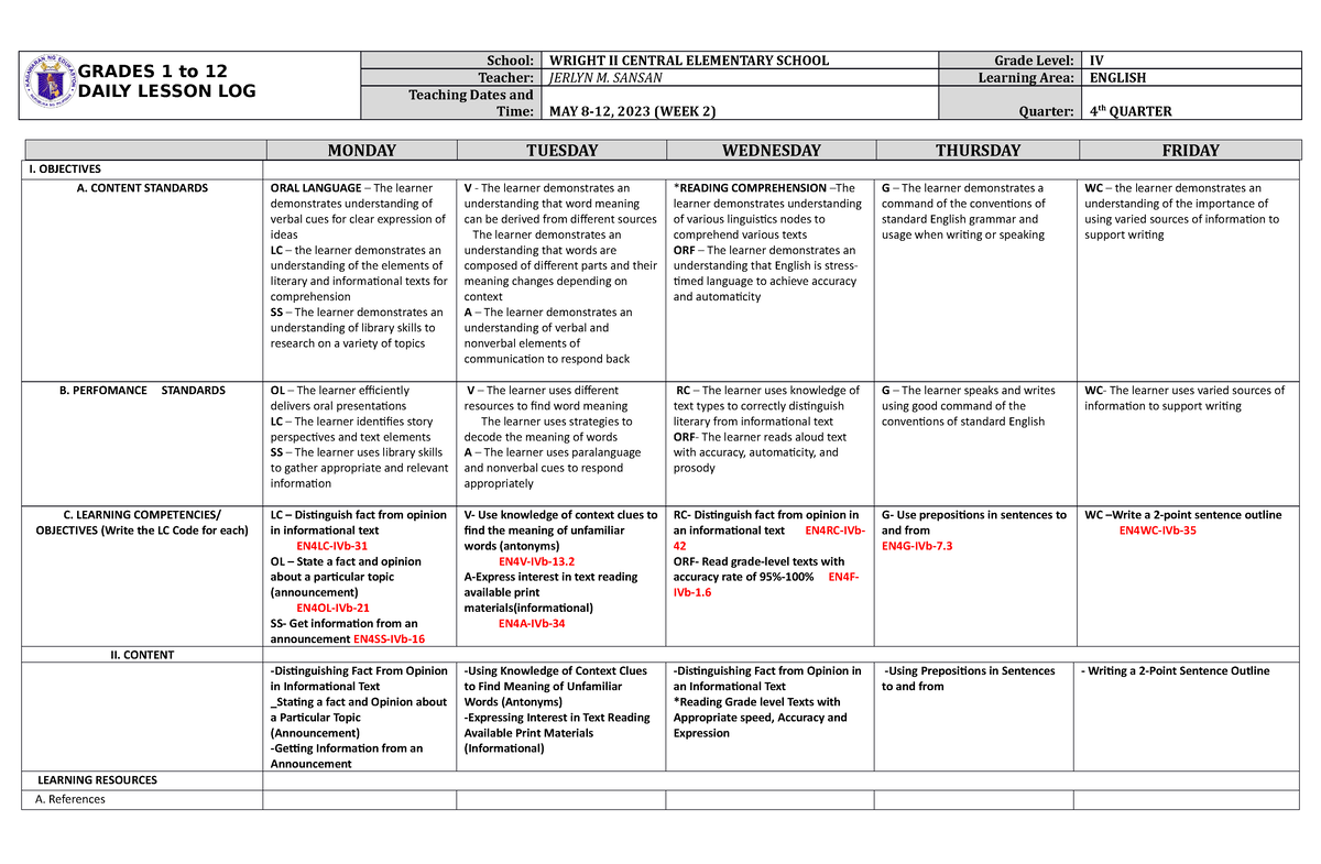 DLL English 4 Q4 W2 - guide - GRADES 1 to 12 DAILY LESSON LOG School ...