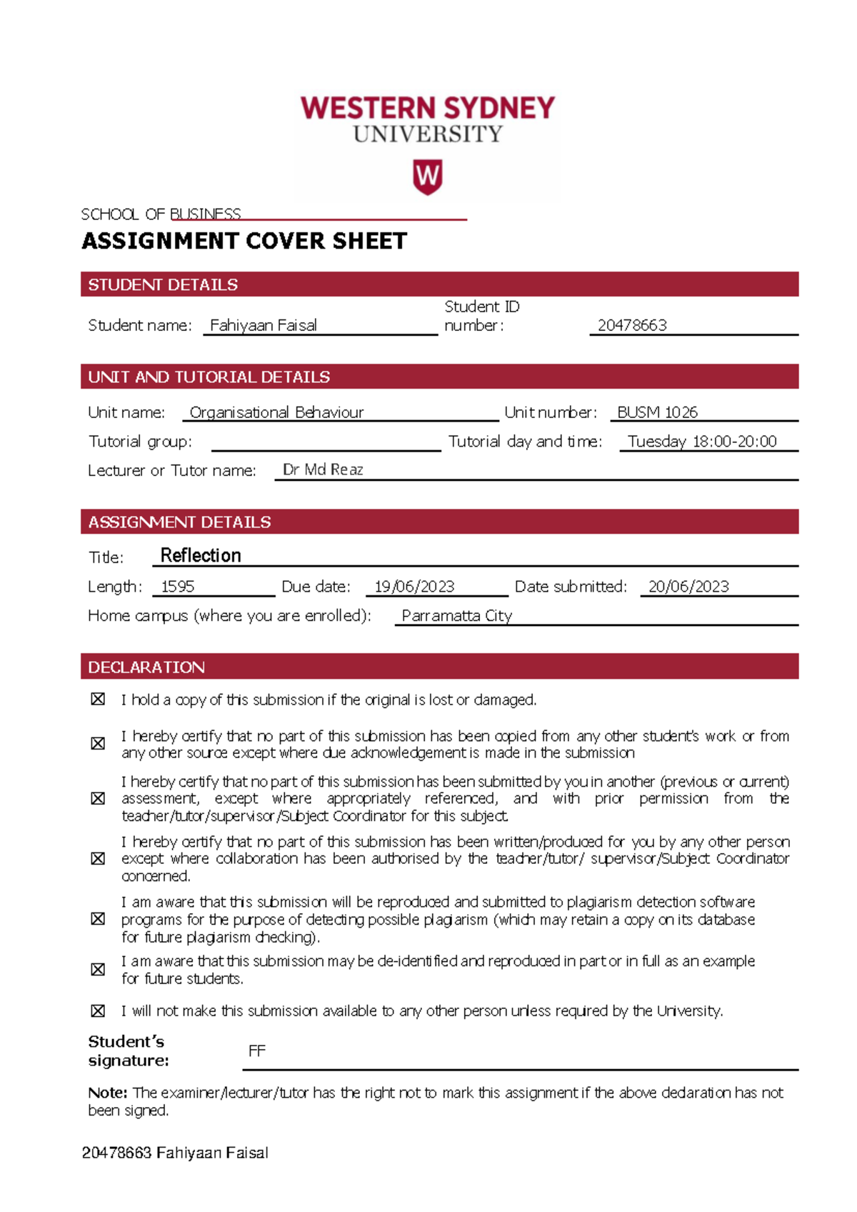 Organisational Behaviour - Reflection - SCHOOL OF BUSINESS ASSIGNMENT ...