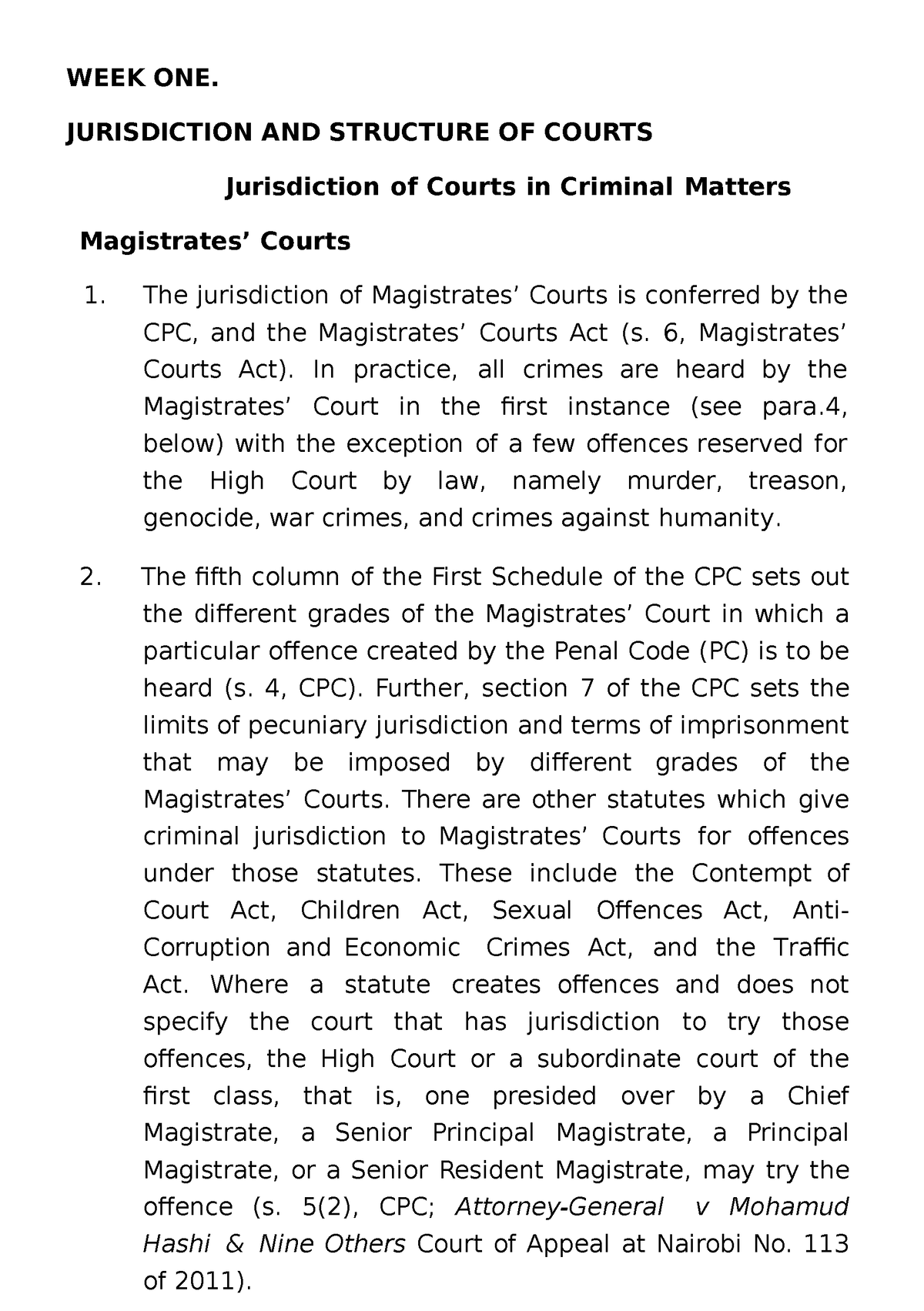 WEEK ONE Criminal Jurisdictions Of Court Notes - WEEK ONE. JURISDICTION ...