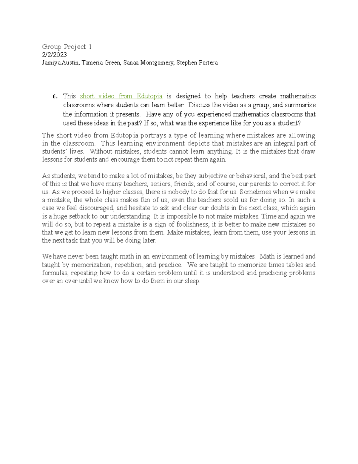 Group Project 1 - Discuss the video as a group, and summarize the ...