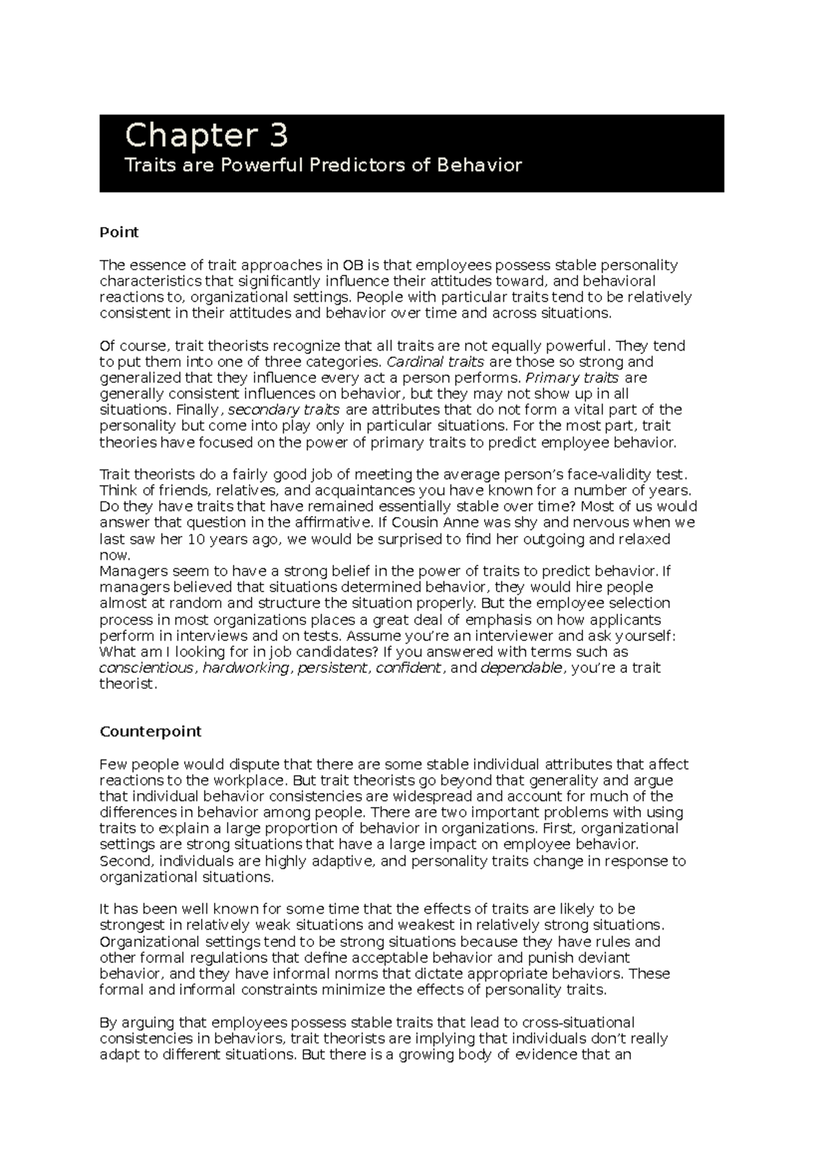 2. Traits are powerful predictors of behavior - Chapter 3 Traits are ...