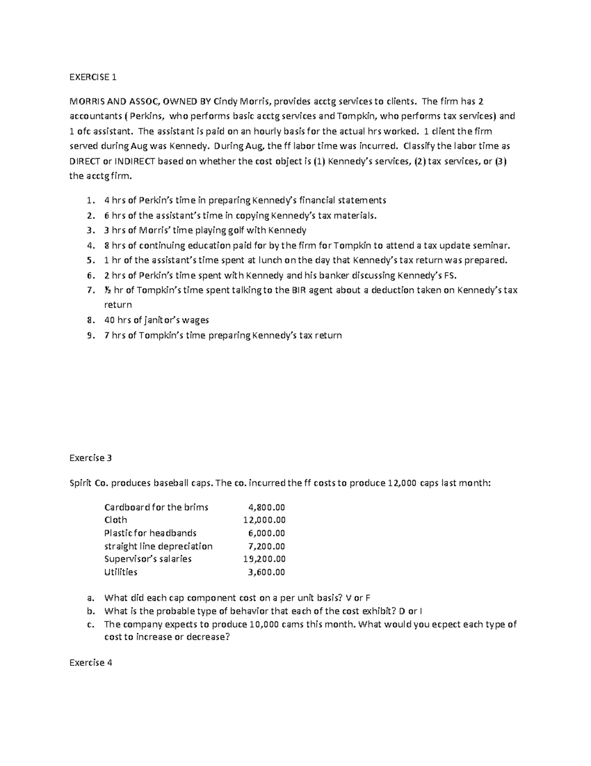 Cost-terminologies exercises for practicing basic - EXERCISE 1 MORRIS ...