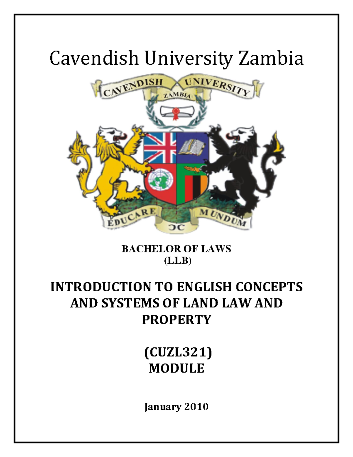 CUZL222 Land Law I Lecture notes all Cavendish University Zambia