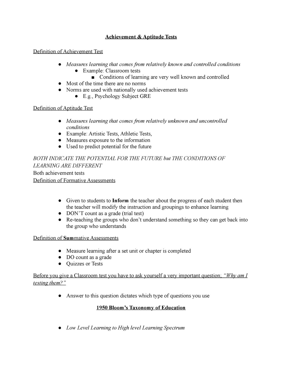 PSY 431 Exam 5 Notes Achievement Aptitude Tests Definition Of Achievement Test Measures