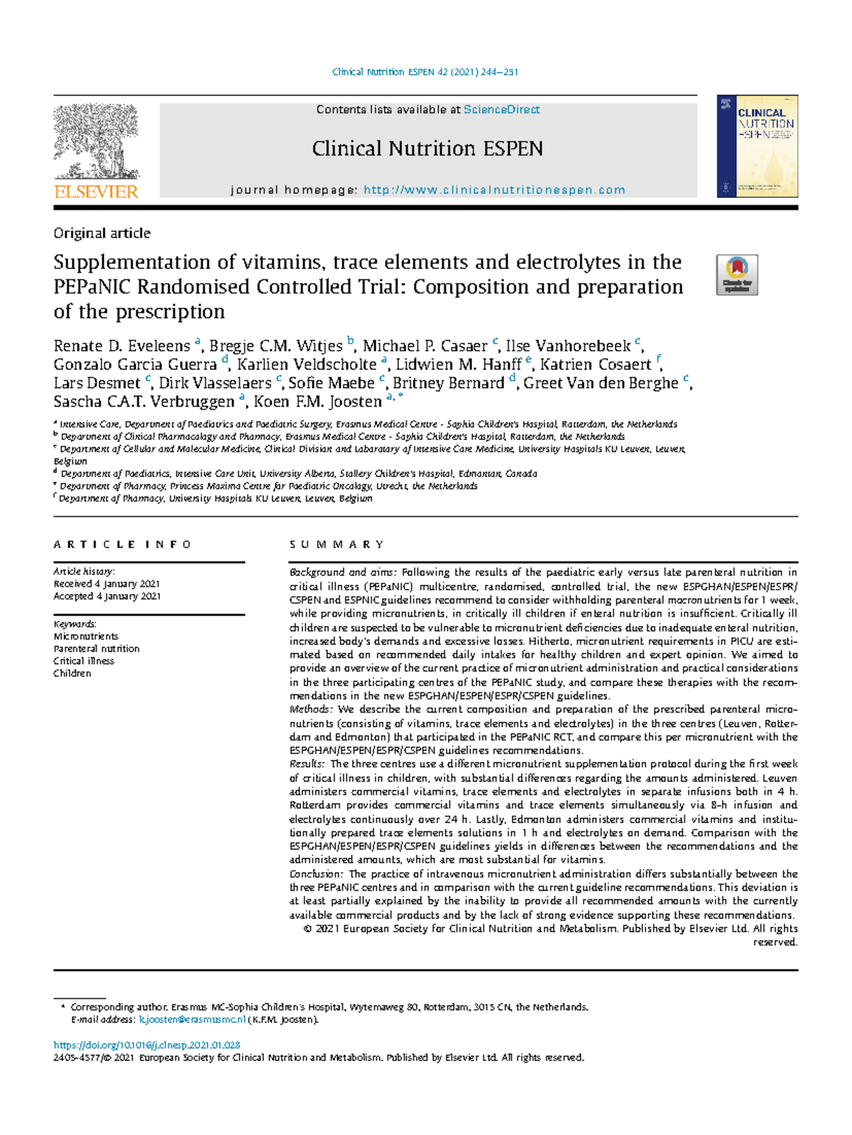 Supplementation of vitamins, trace elements and electrolytes in the ...