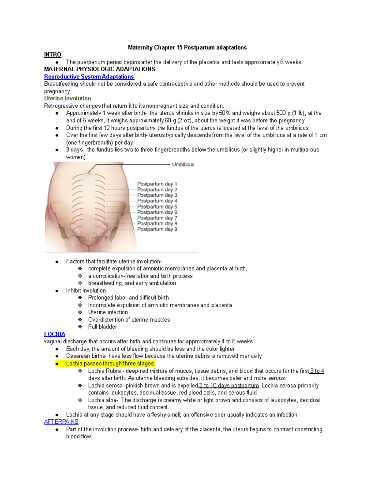 Maternity chapter 15 book notes - Maternity Chapter 15 Postpartum ...