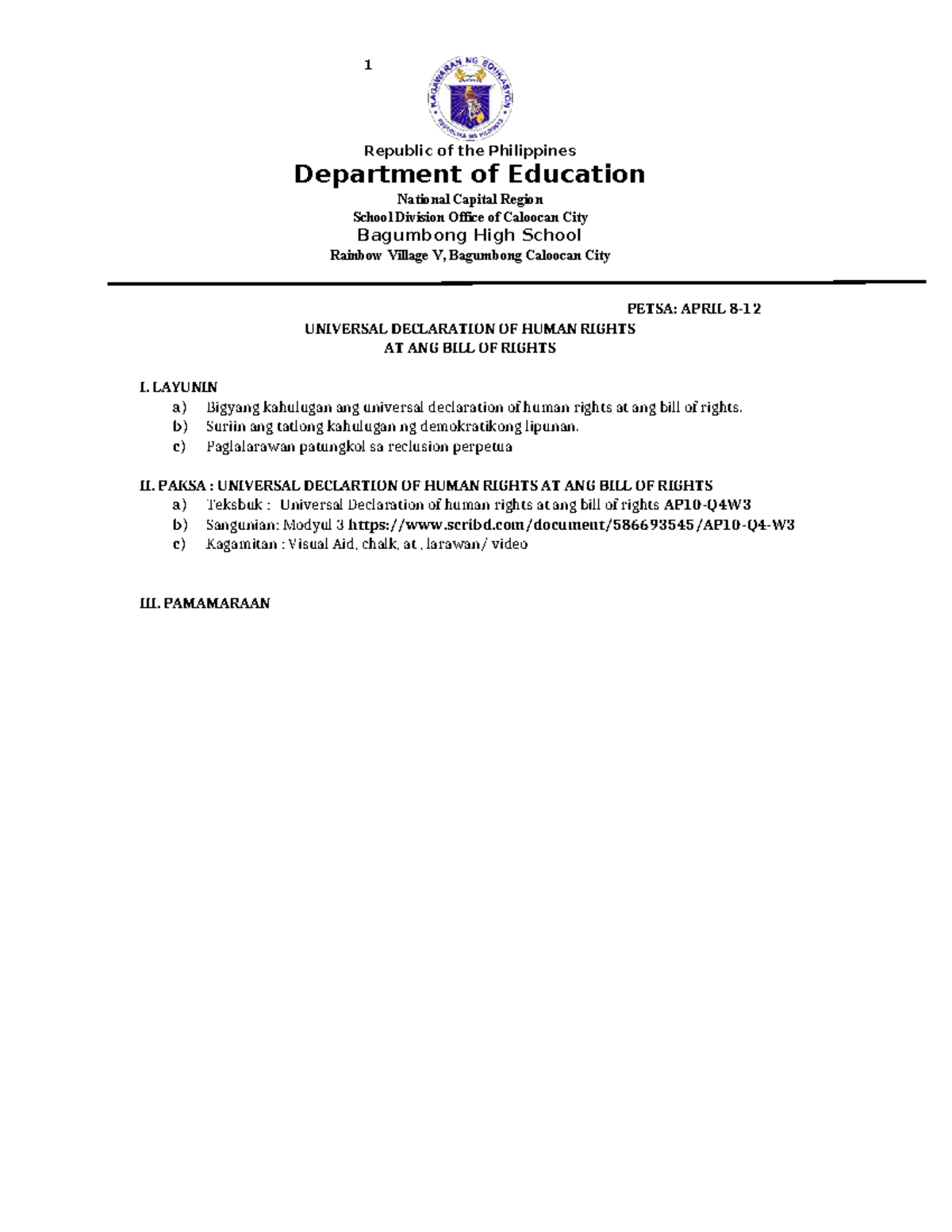 Lesson PLAN Detailed - for school purposes - 1 Republic of the ...