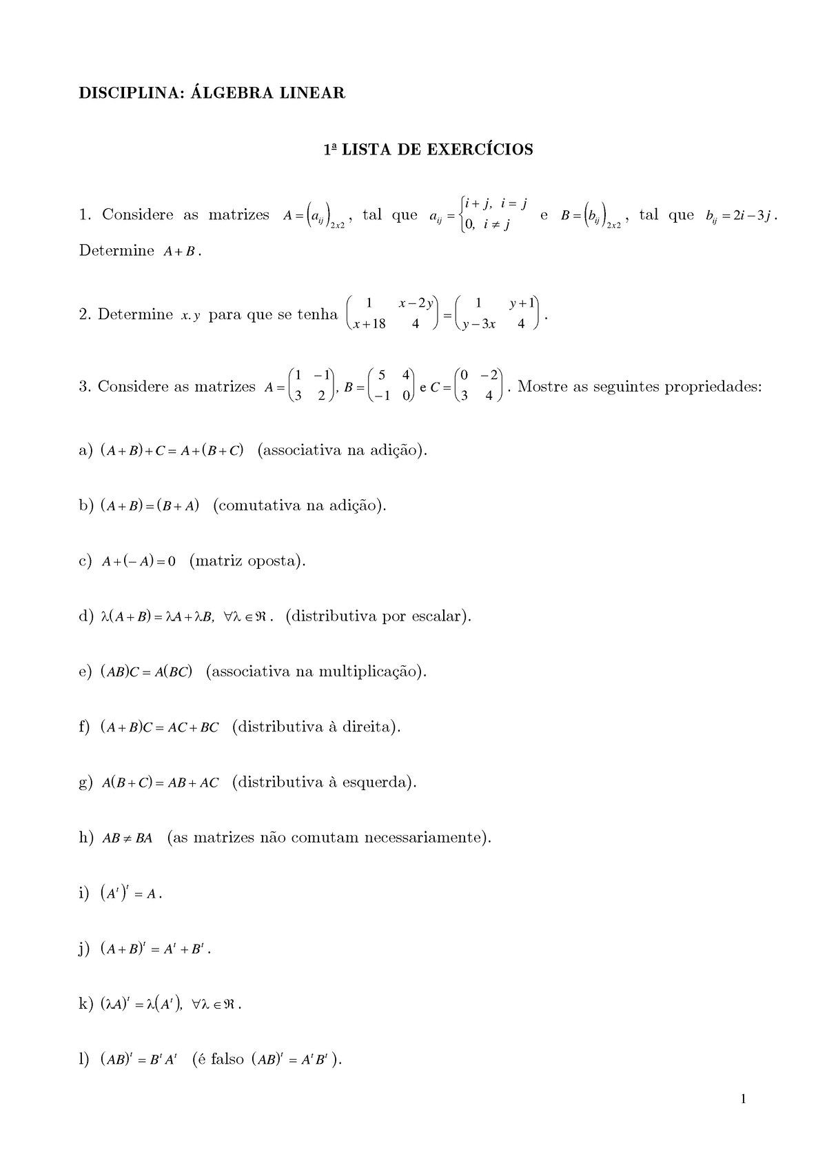 1 Lista De Exercicios Com Resposta Algebra Linear DISCIPLINA 