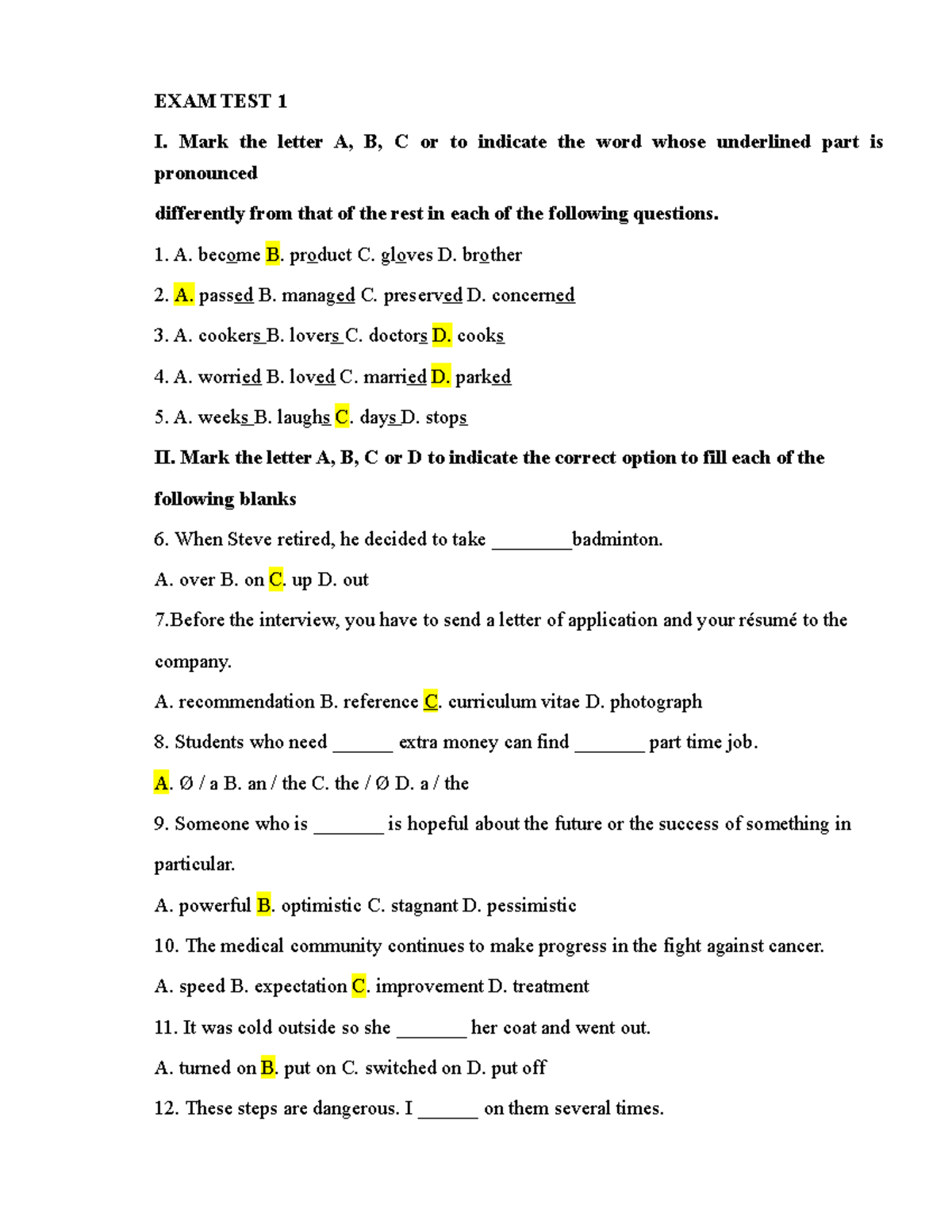 EXAM TEST 1 - Aaaaaaaaaa - EXAM TEST 1 I. Mark The Letter A, B, C Or To ...