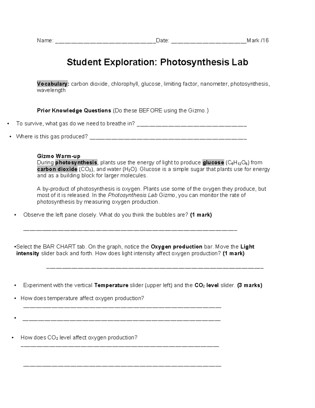 Photosynthesis Lab SE Gizmo Worksheet - Name ...