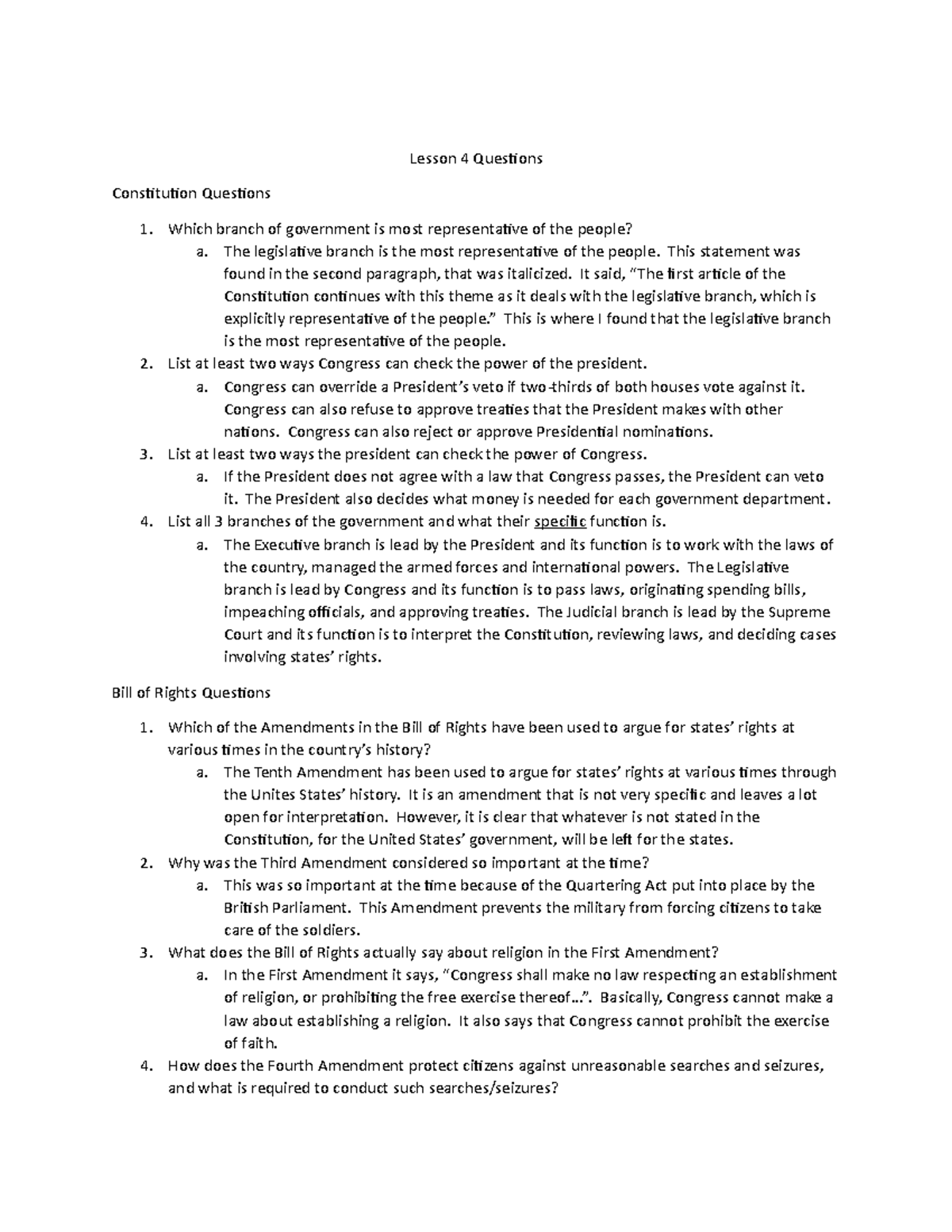 Lesson 4 Questions Lesson 4 Questions Constitution Questions Which