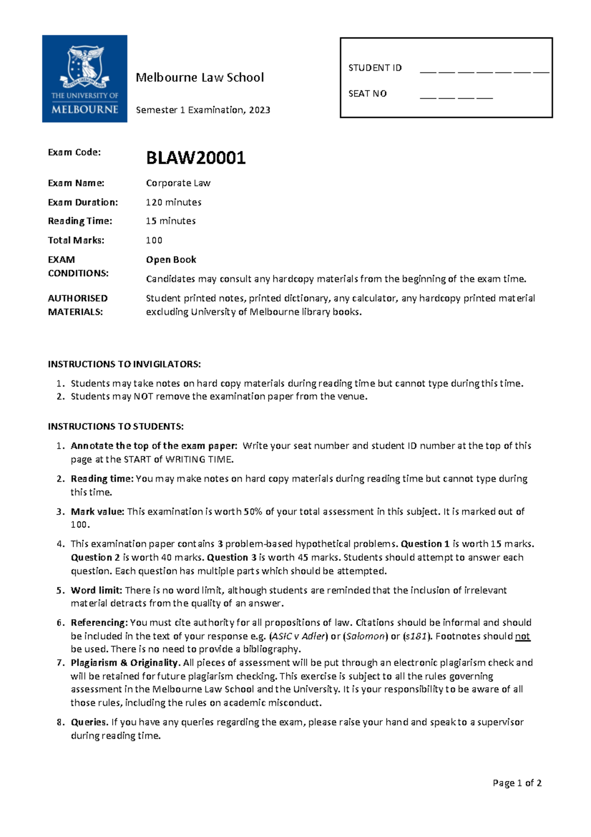 Corporate Law 2023 Primary Exam Cover Sheet BLAW20001 Unimelb Studocu
