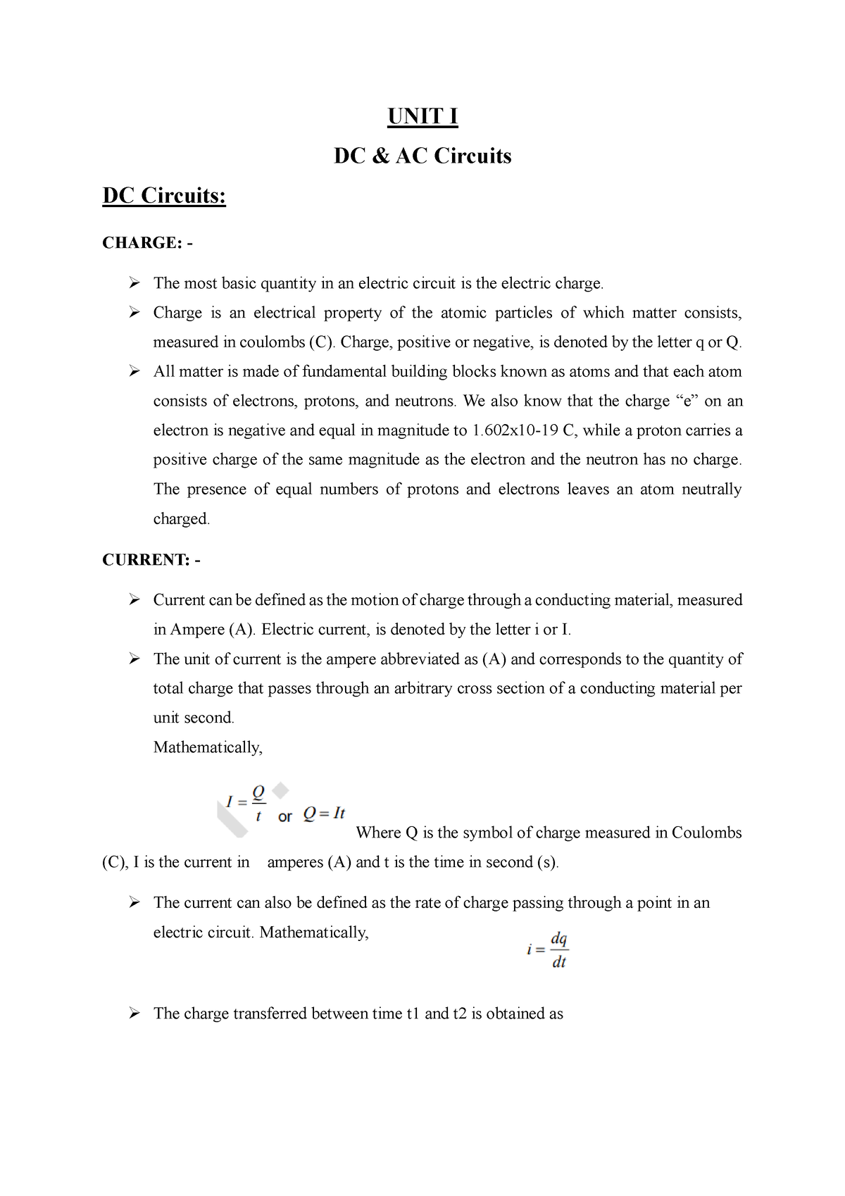 DC Circuits - UNIT I DC & AC Circuits DC Circuits: CHARGE: - The Most ...