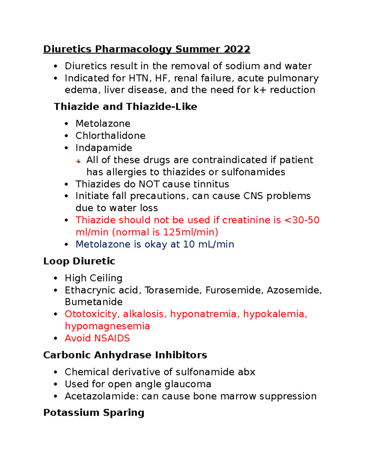 Diuretics notes 22 - Diuretics Pharmacology Summer 2022 Diuretics ...