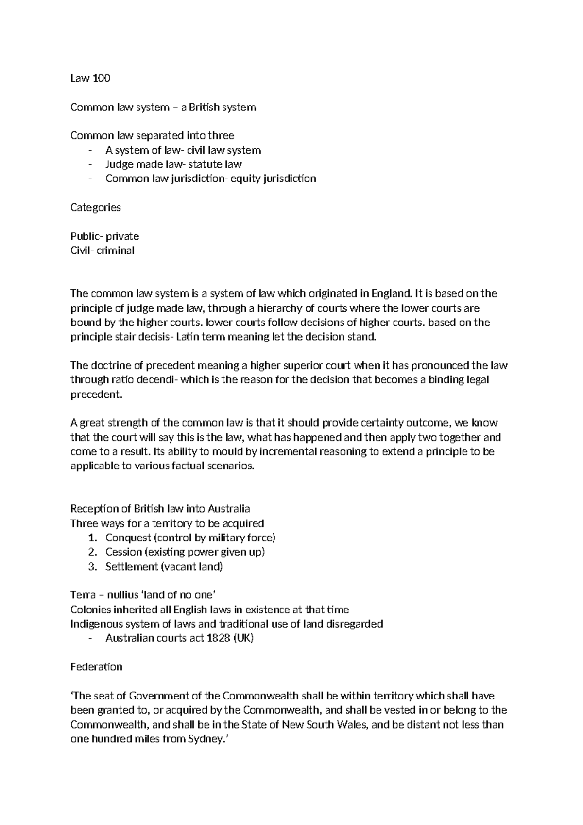 Law 100 ALL Topics Notes - Law 100 Common law system – a British system ...