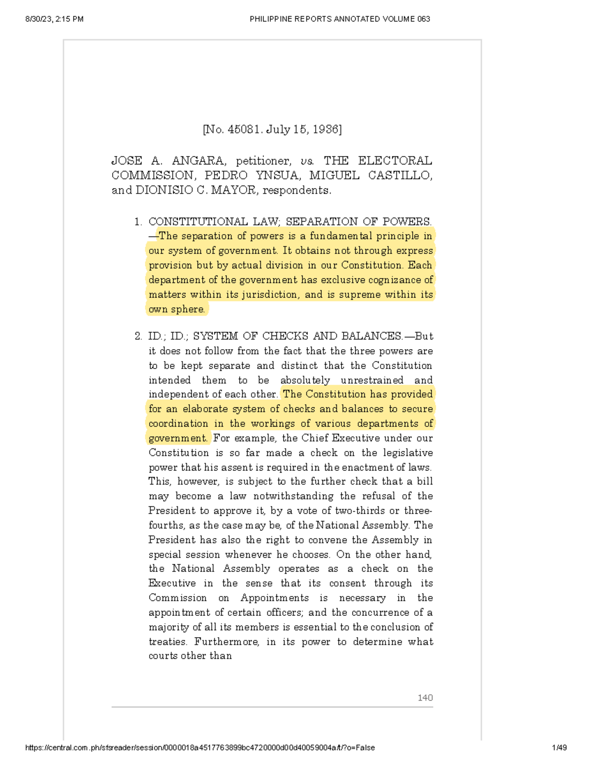 Angara vs Electoral Commission - 1. 2. [No. 45081. July 15, 1936] JOSE ...