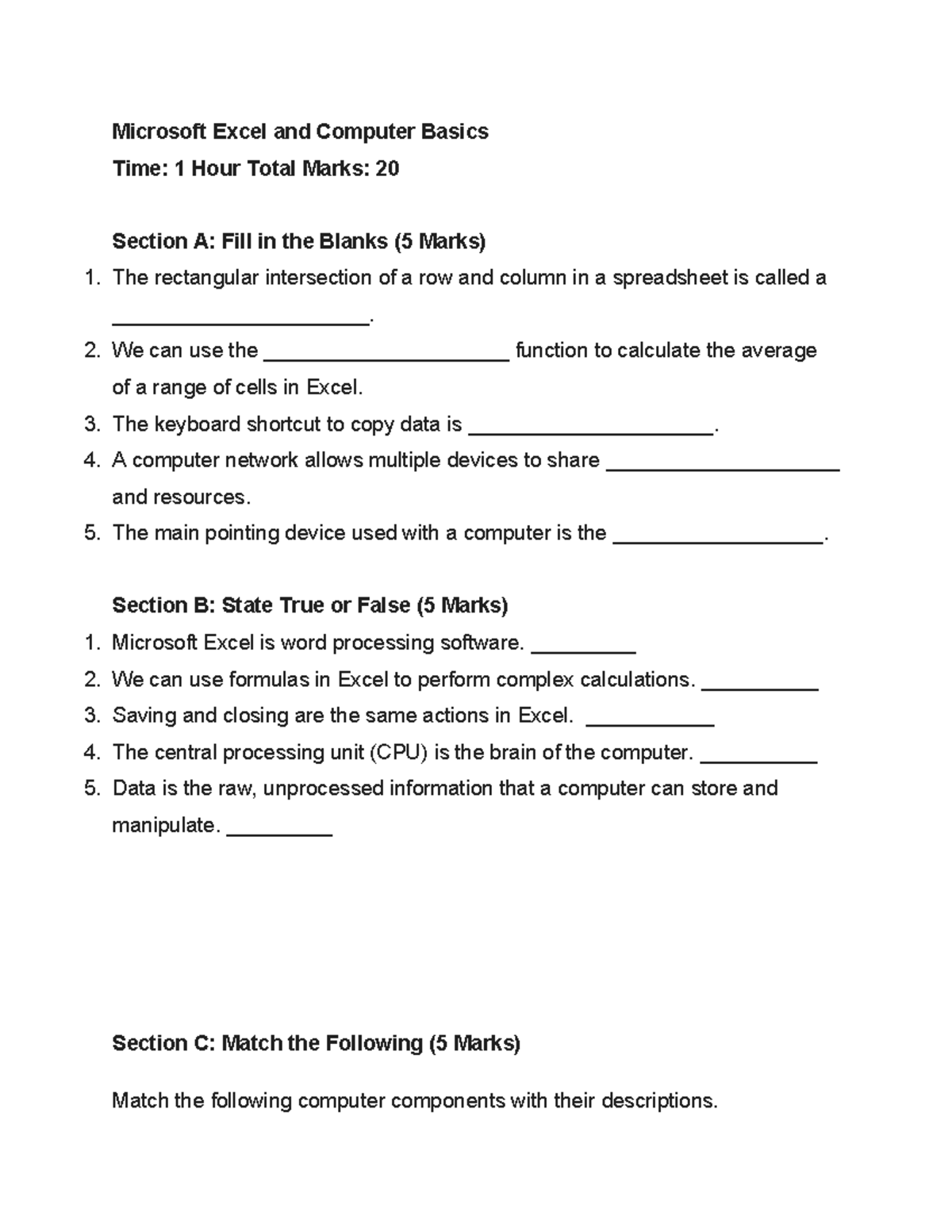 IX Computer Question paper - Microsoft Excel and Computer Basics Time ...