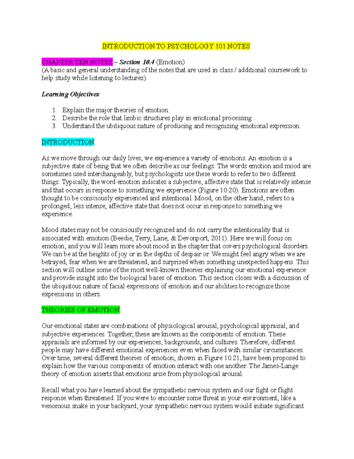 Introduction TO Psychology 101 Notes Chapter Ten Part Four ...