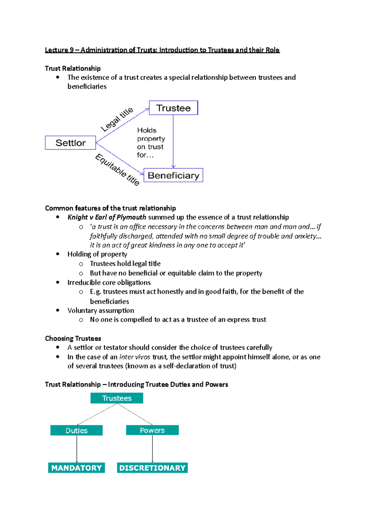 Lecture 9 - Lecture 9 – Administration of Trusts: Introduction to ...