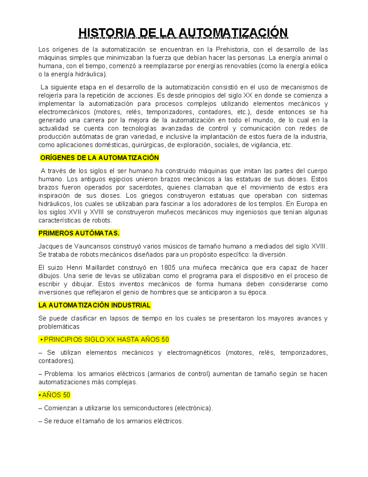 Historia DE LA Automatización - HISTORIA DE LA AUTOMATIZACIÓN Los ...