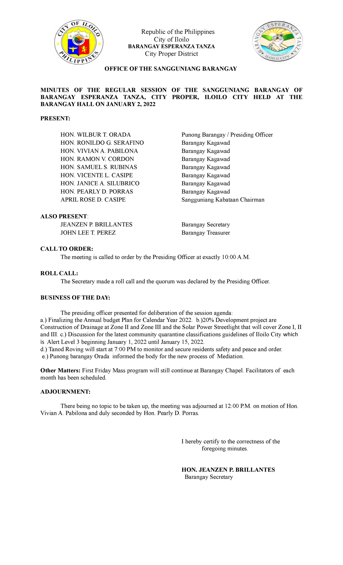 Barangay Minutes Of Meeting Format