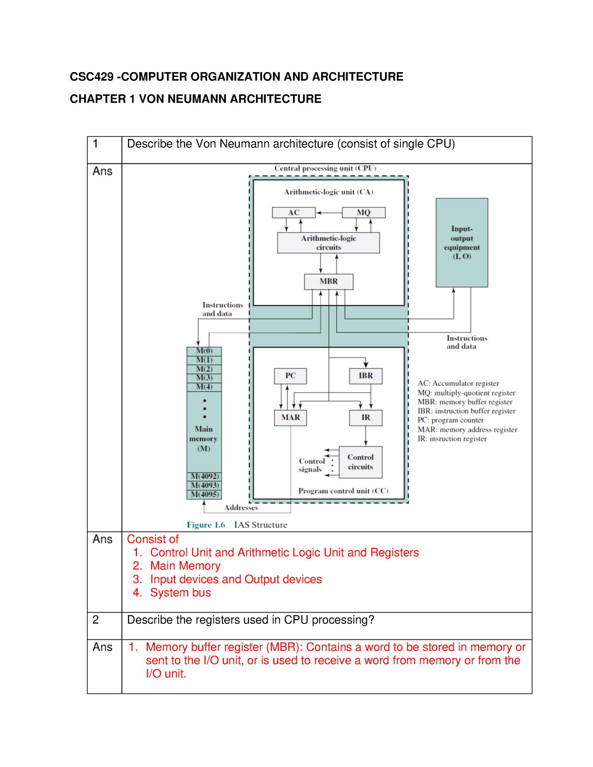 Chapter 1 Review Computer Structure - CSC429 -COMPUTER ORGANIZATION AND ...