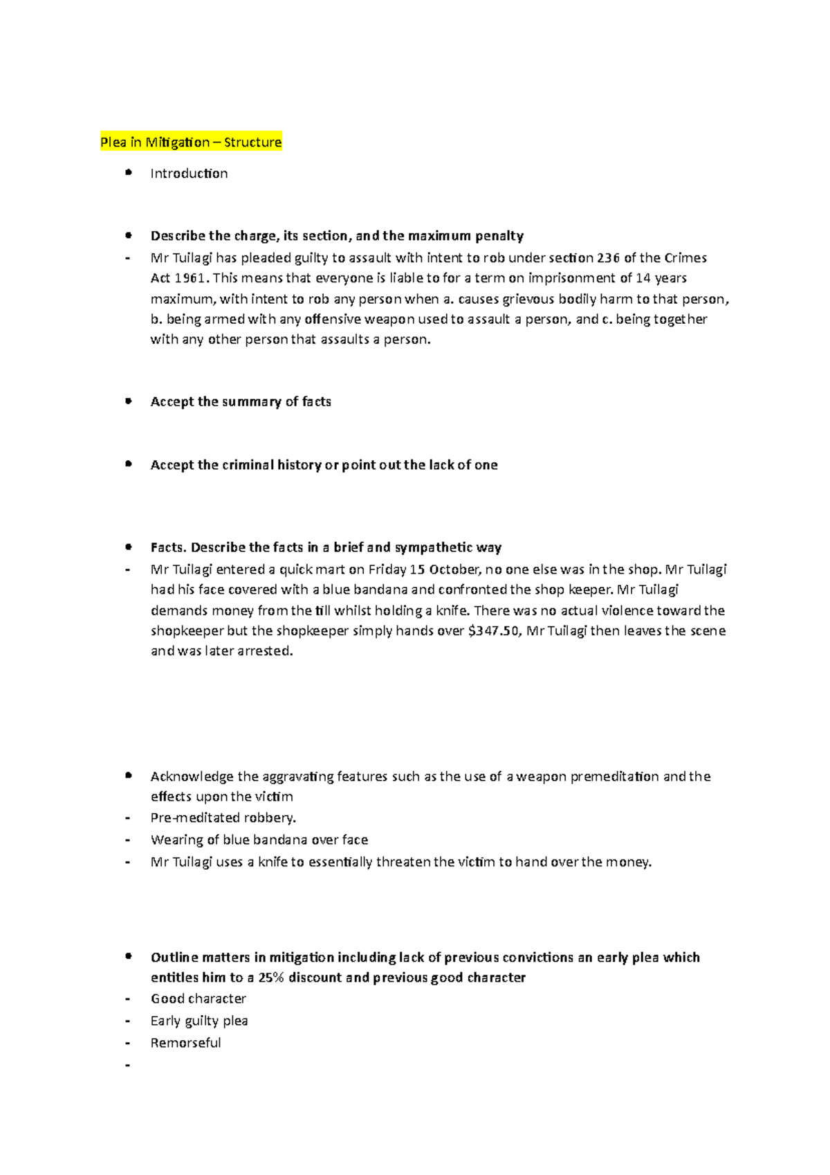 Plea in Mitigation Notes - Plea in Mitigation – Structure Introduction ...