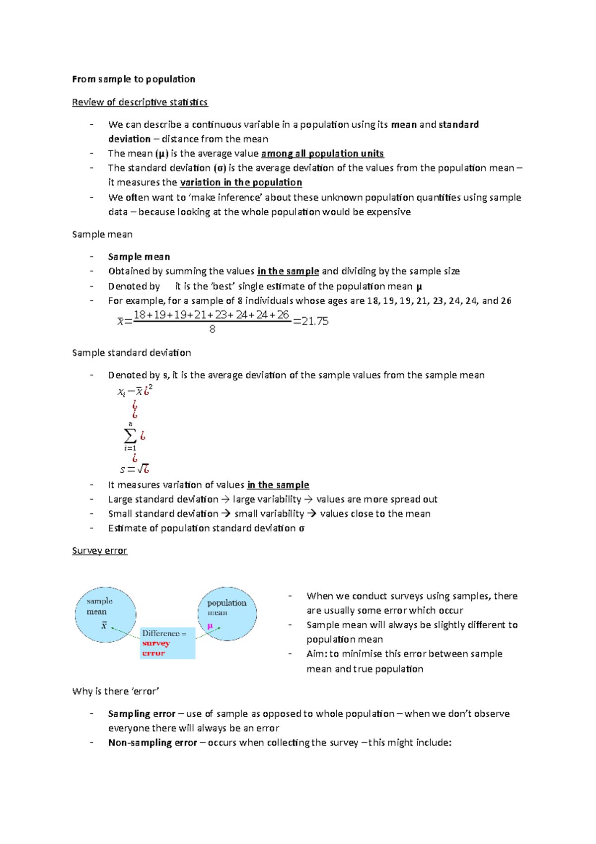 Lecture 7 From Sample to Population - From sample to population Review ...