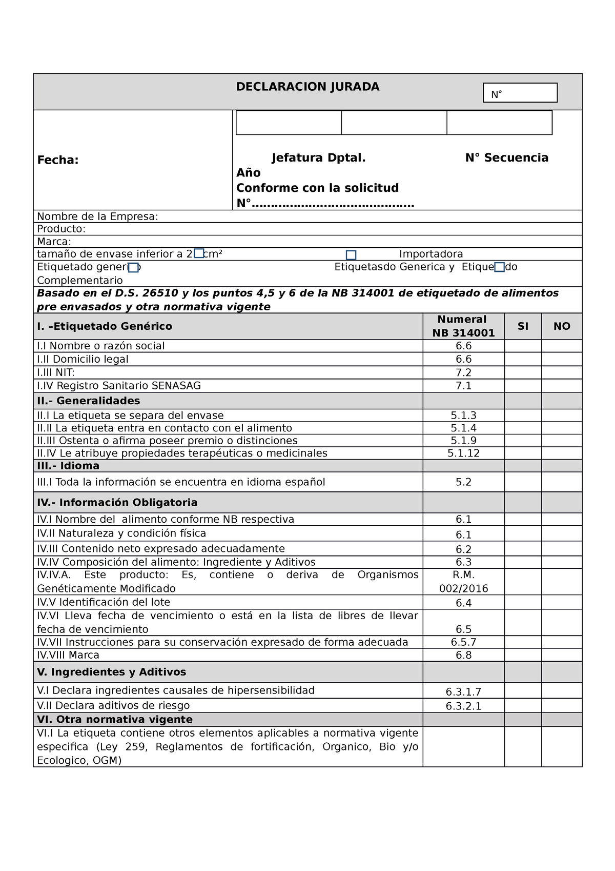 Formulario De Declaración Jurada De Etiquetas - DECLARACION JURADA ...