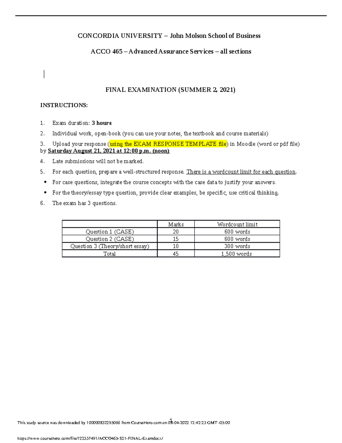 S21 - Summer 2021 Final Exam - CONCORDIA UNIVERSITY – John Molson ...