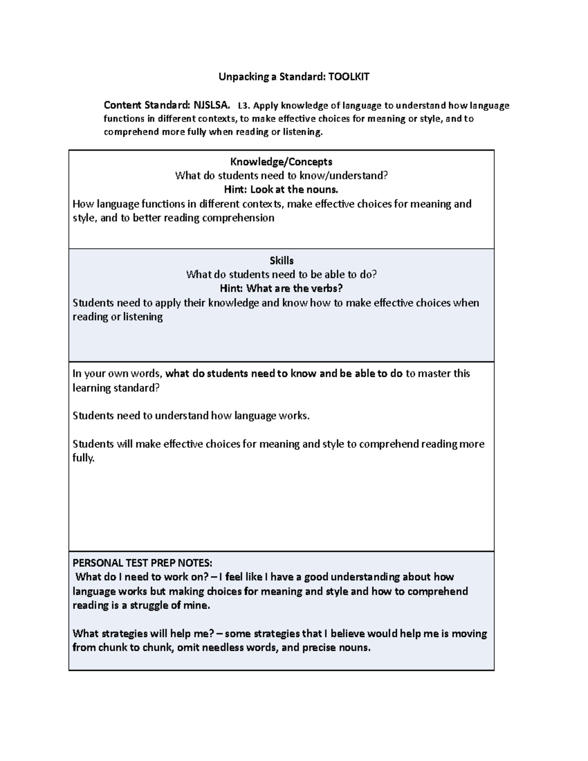 L3 Standard - Unpacking a Standard: TOOLKIT Content Standard: NJSLSA ...