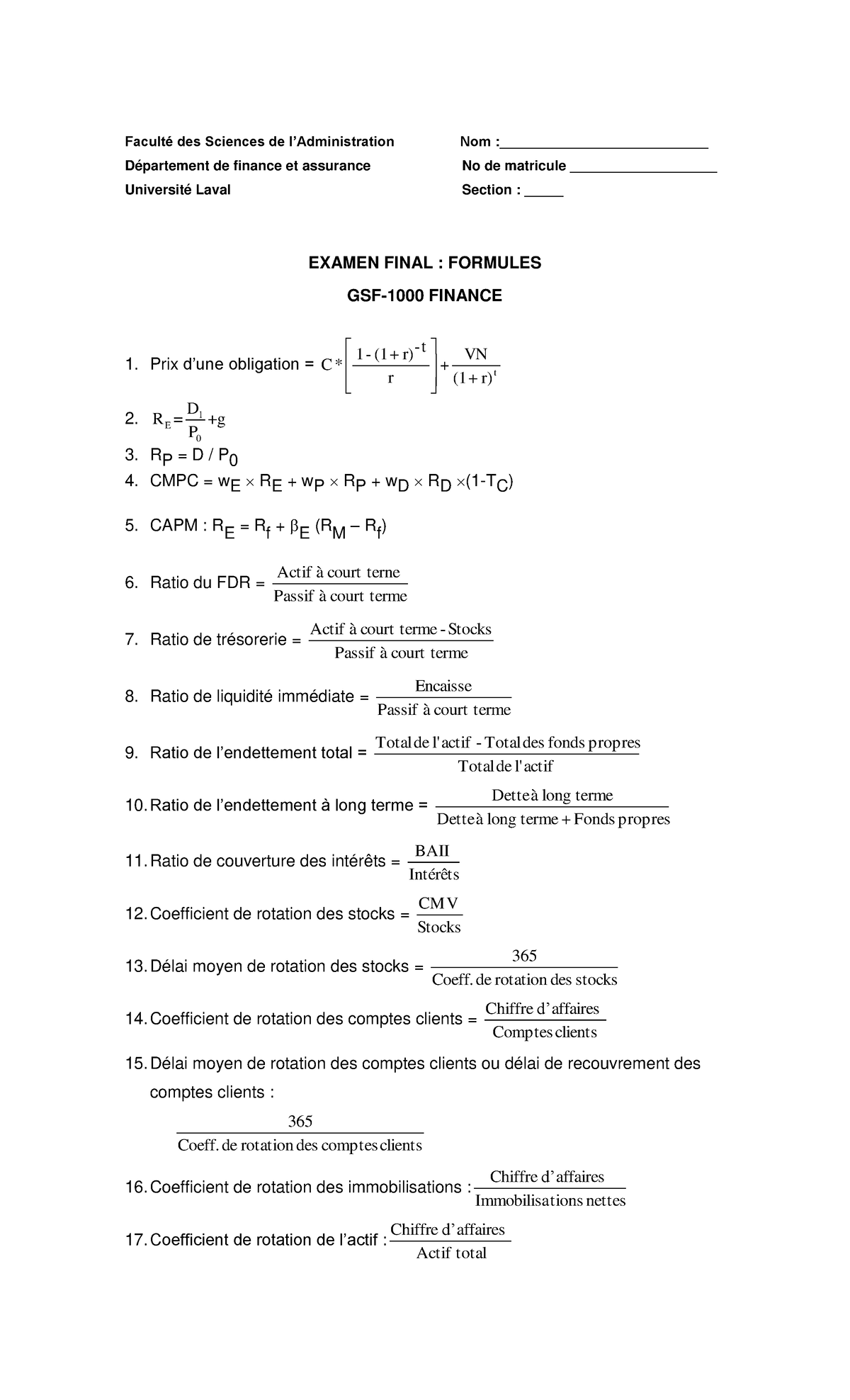 Formules Final GSF-1000 - Faculté des Sciences de l’Administration Nom