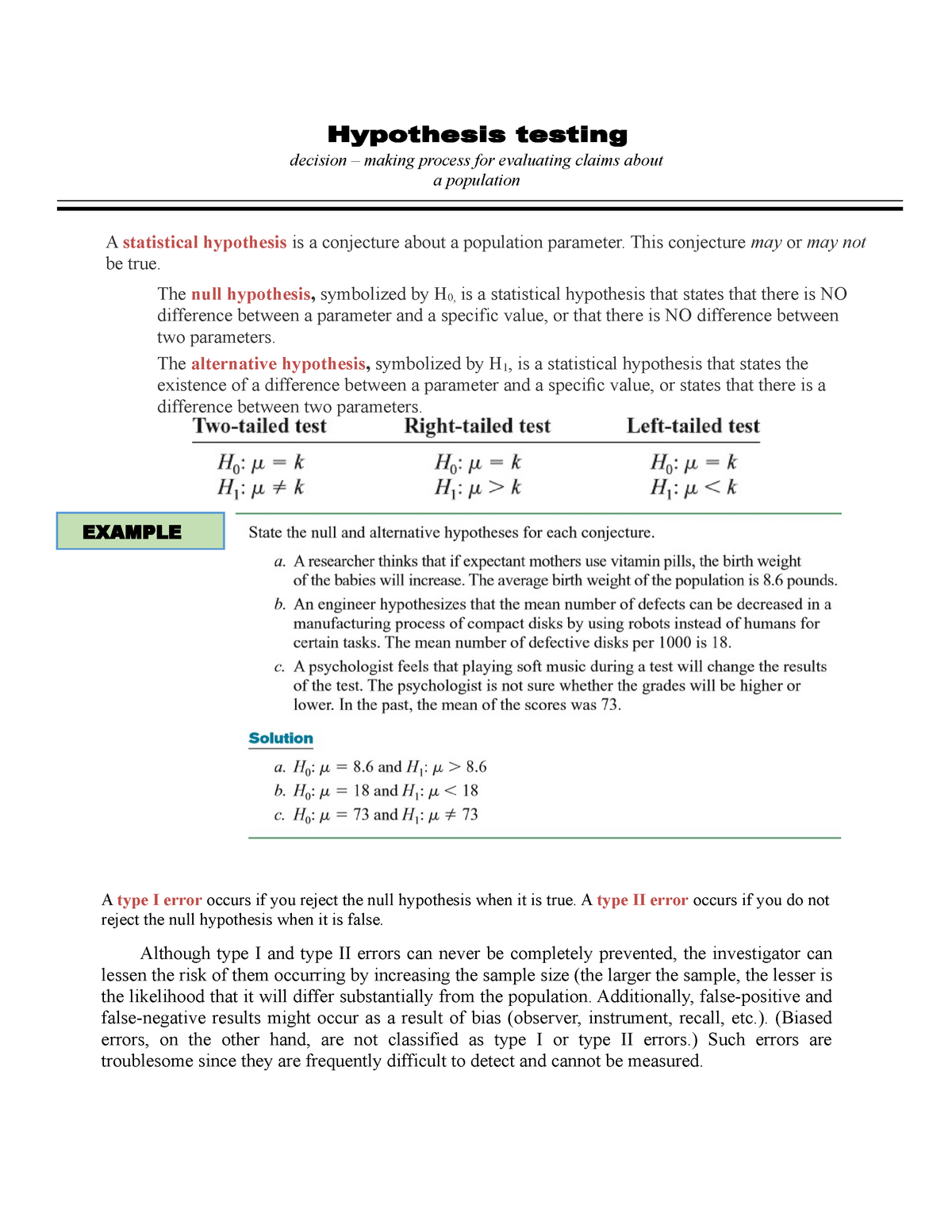 hypothesis testing in statistics lecture notes