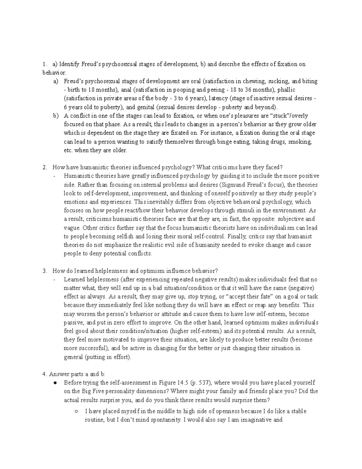 Psych HW #7 - a) Identify Freud’s psychosexual stages of development, b ...