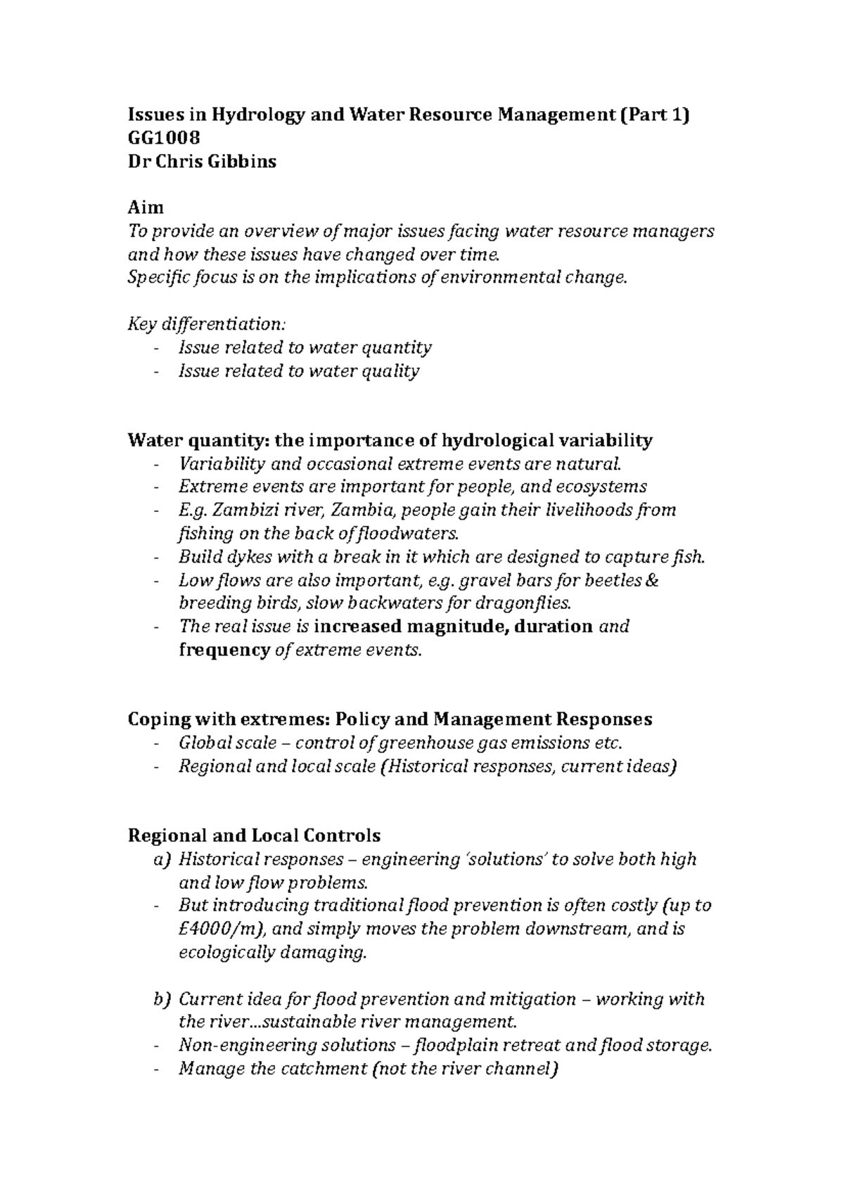 Issues in Hydrology and Water Resource Management #16 - Specific focus ...