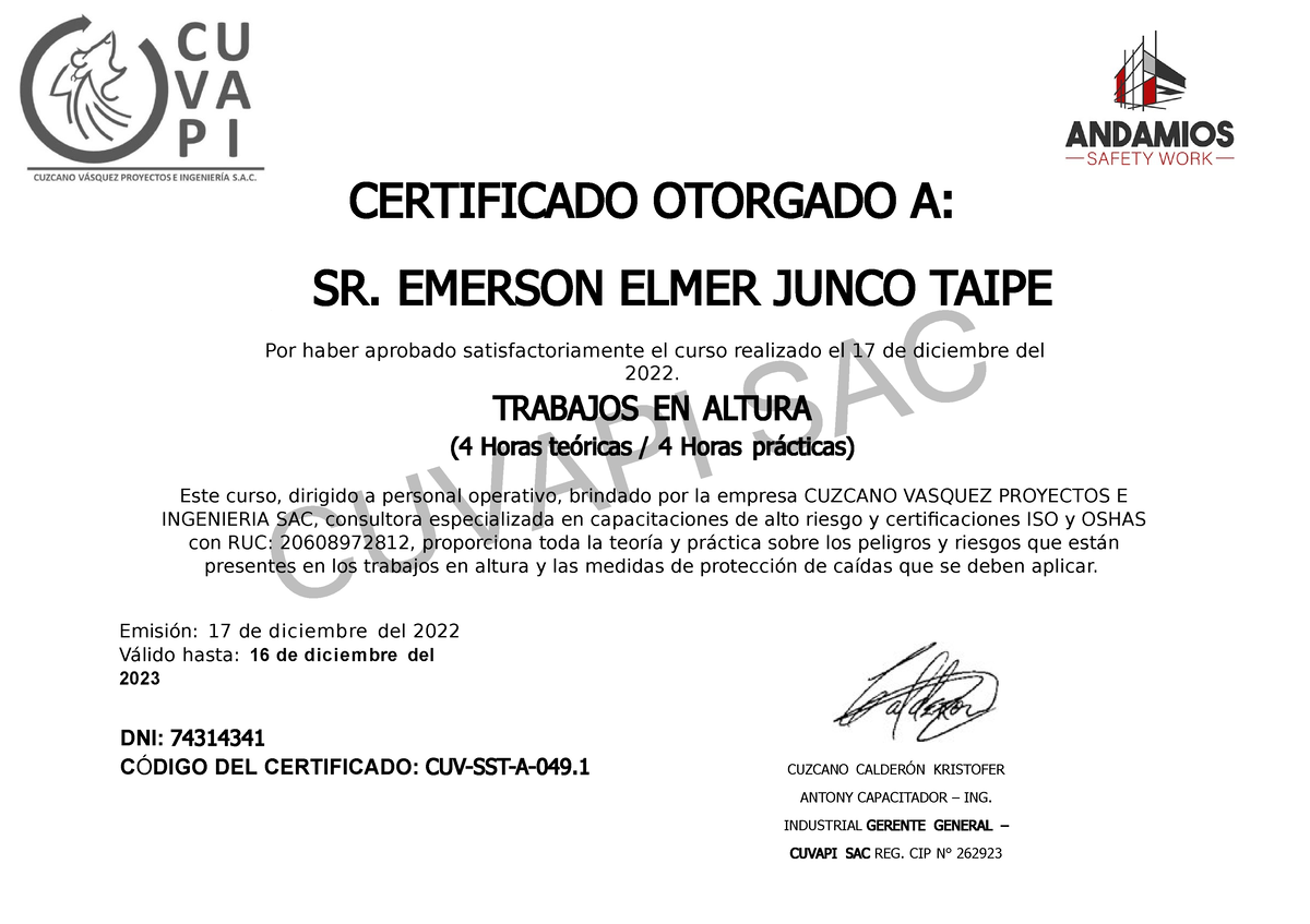 Certificado De Trabajo En Altura Cuvapi 75010267 Certificado Otorgado A Sr Emerson Elmer 7022