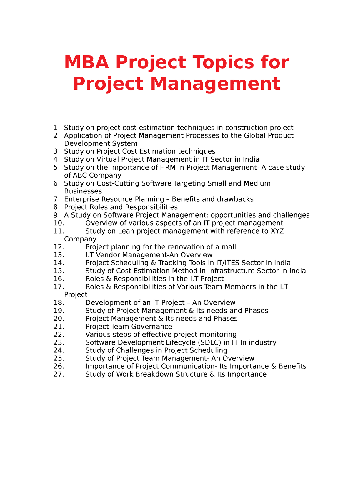 mba project management thesis topics