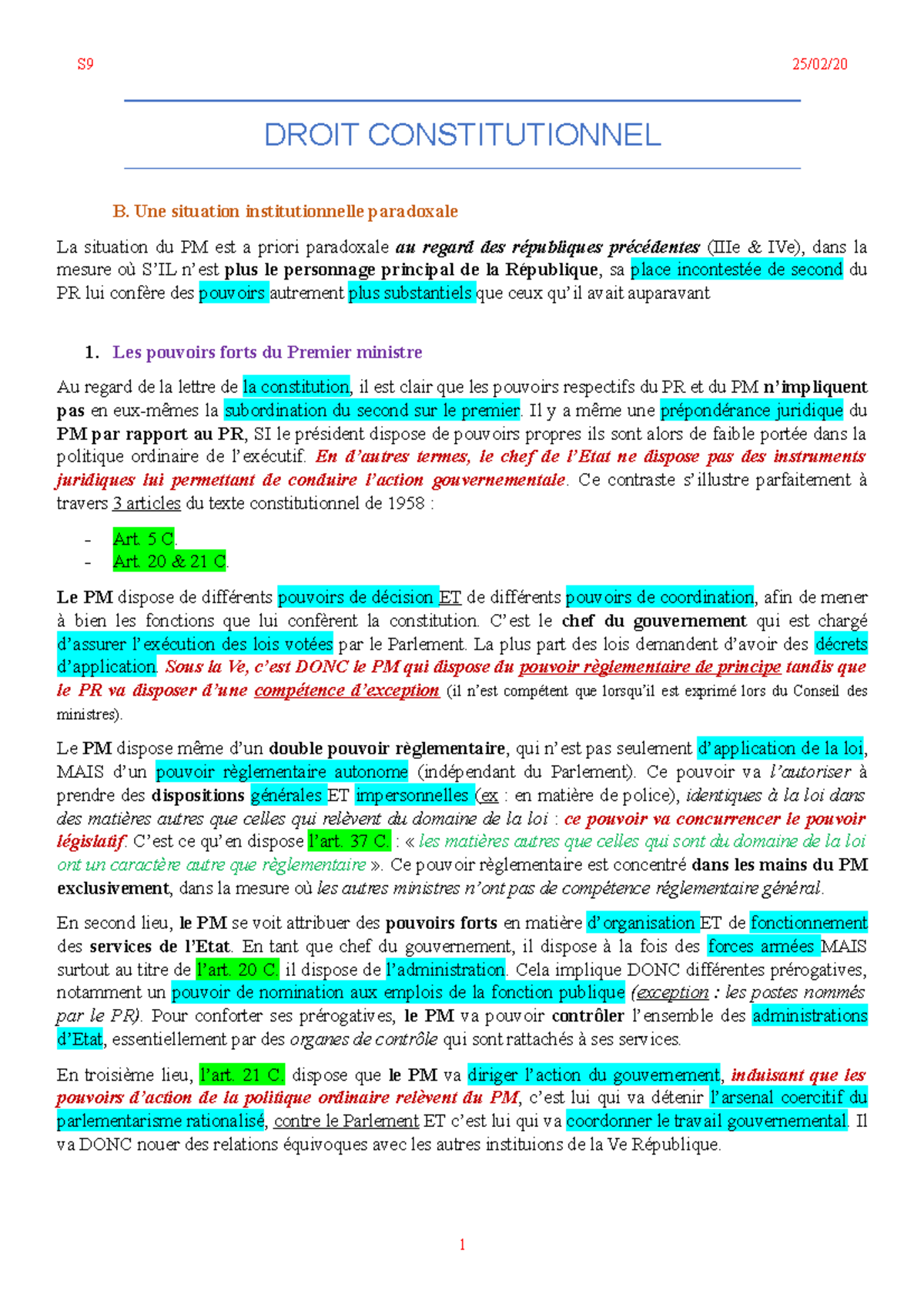 C1 - Séance 9 - IB - Cours 19/20 - DROIT CONSTITUTIONNEL B. Une ...