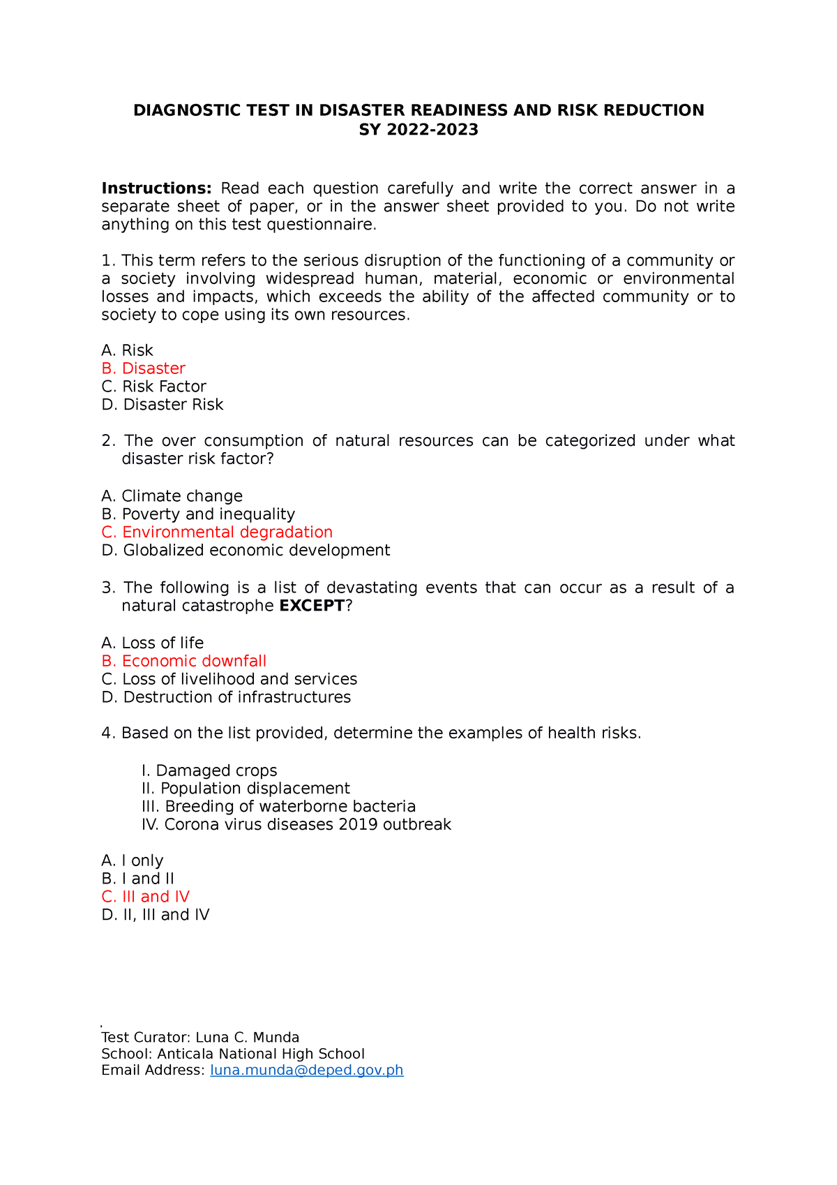 DRRR Diagnostics Answer Key Final 12 DIAGNOSTIC TEST IN DISASTER 