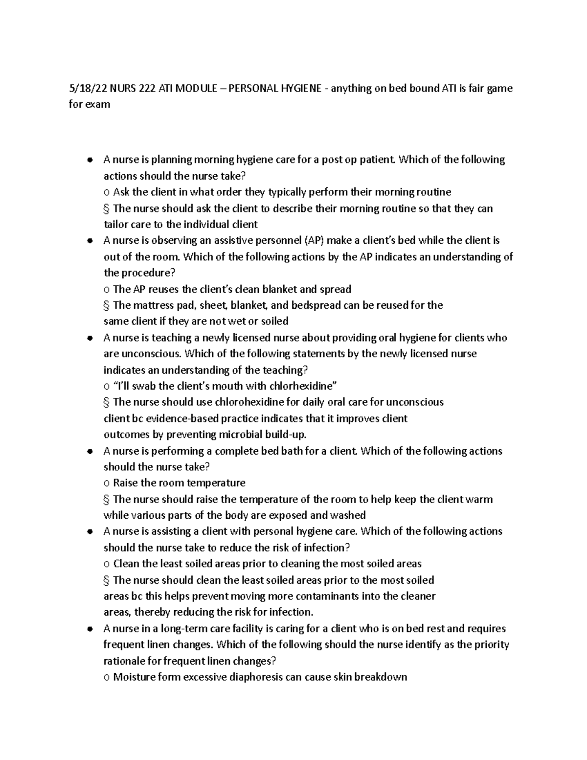 Ati 1 notes on ATI module; personal hygiene 5/18/22 NURS 222 ATI
