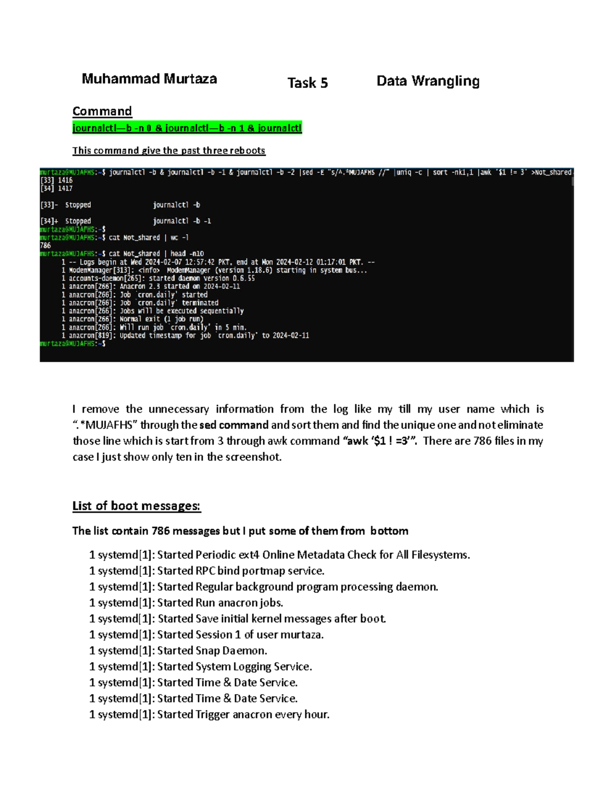 Data Wrangling Task 5 - Task 5 Command Journalctl—b -n 0 & Journalctl—b ...