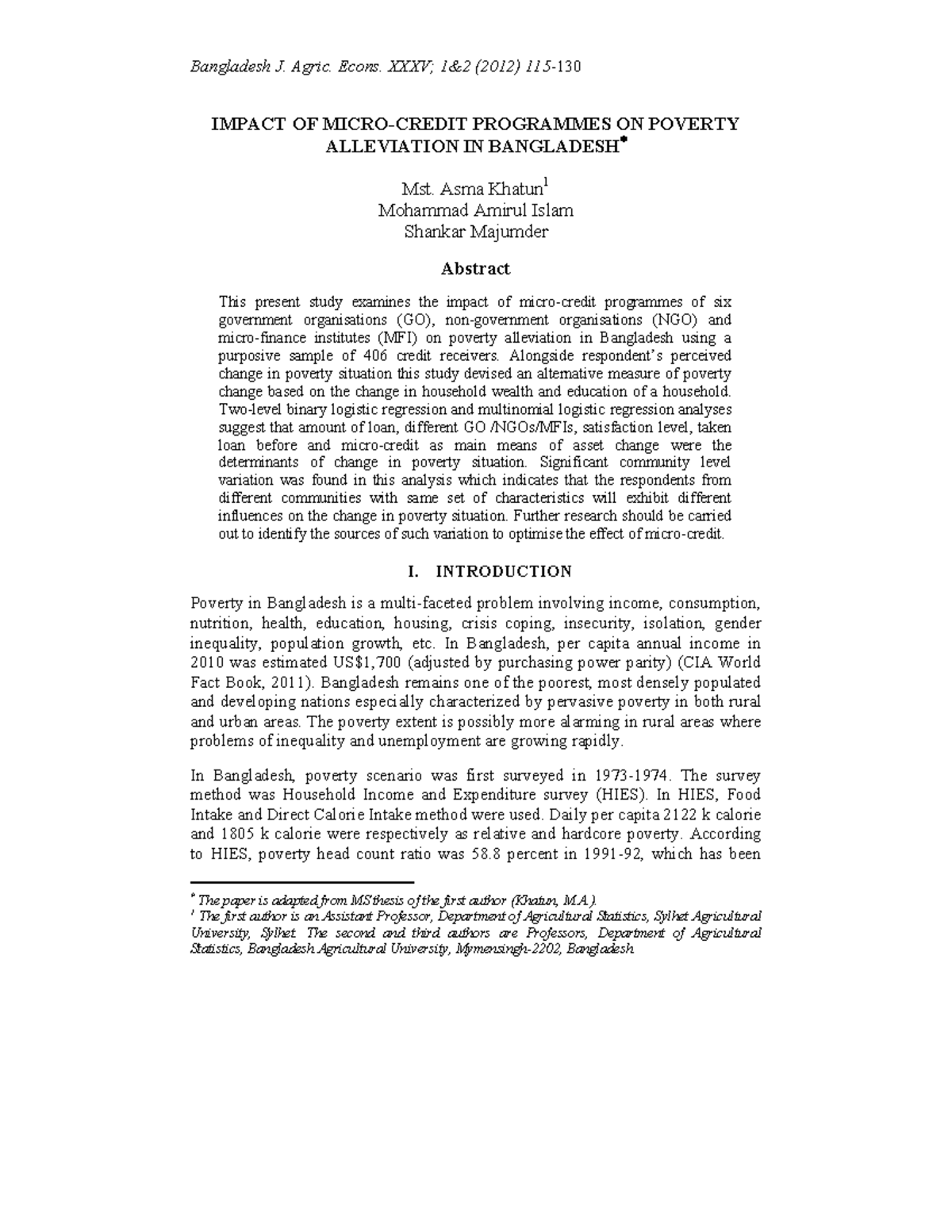 Impact OF Micro Credit Programmes ON POV Bangladesh J. Agric. Econs