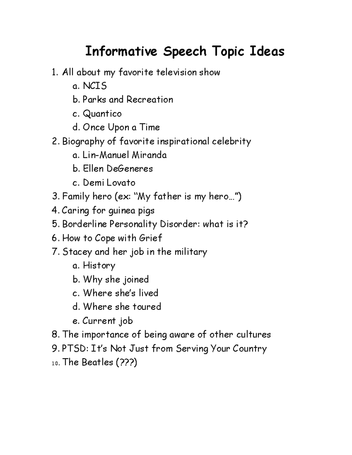 informative speech topic questions