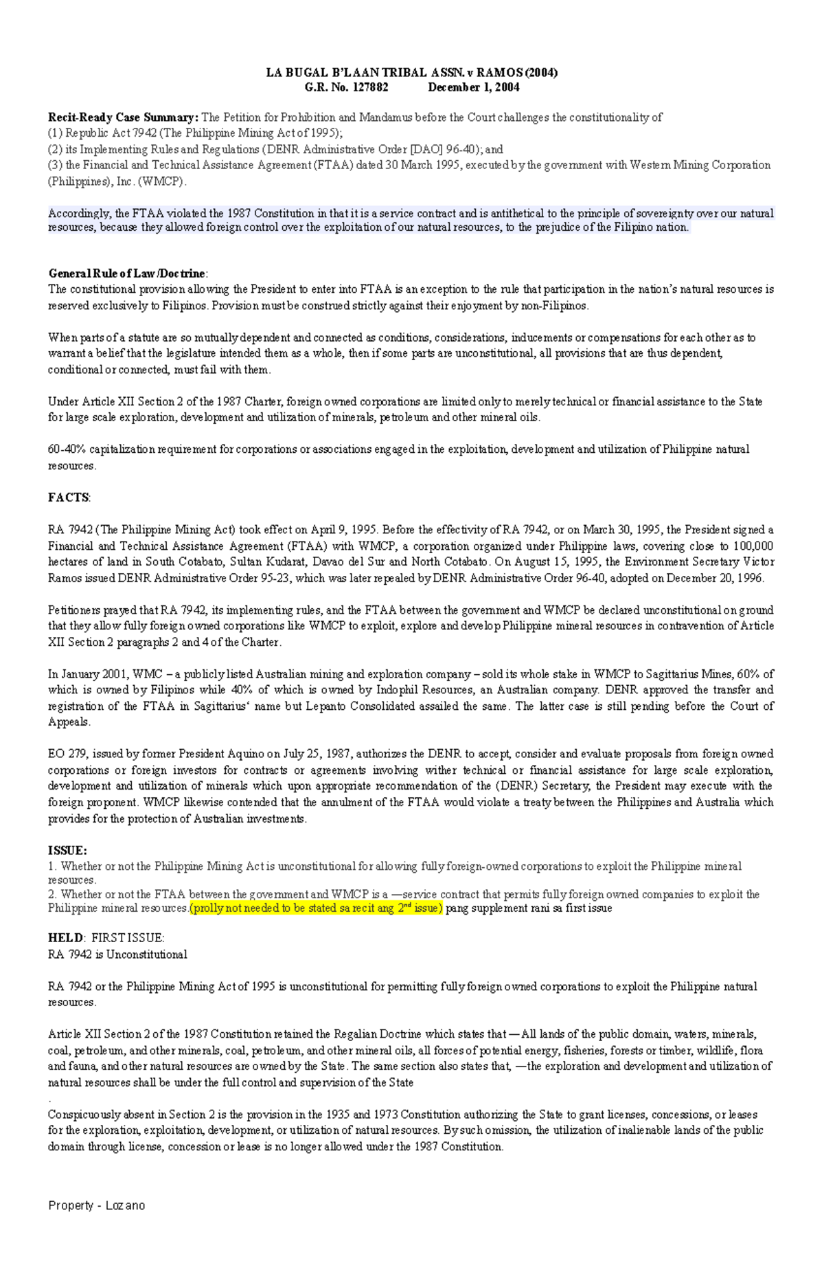 LAW AND PUBLIC OFFICERS - LA BUGAL B’LAAN TRIBAL ASSN. V RAMOS (2004) G ...